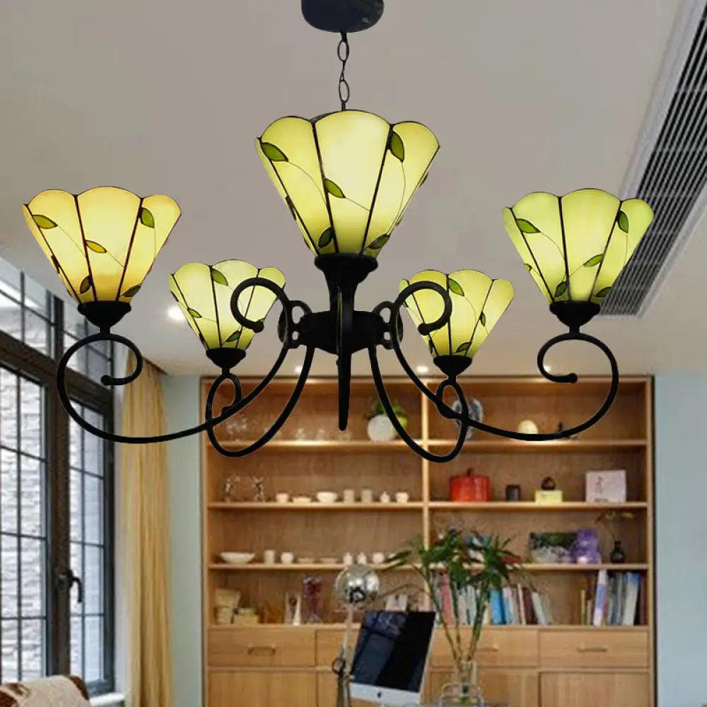 Leaf Chandelier Pendant Light With Stained Glass 5 Lights Loft Style In Beige