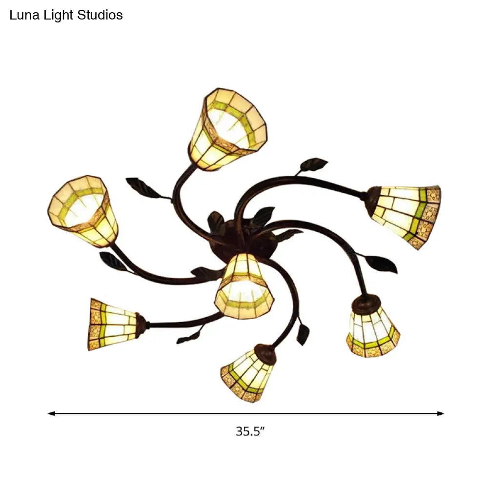 Leaf Design Tiffany Glass Ceiling Light - Rustic Cone Shade Swirl Arm Semi Flush Mount 7 Lights