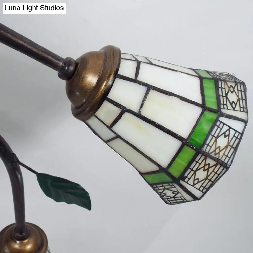 Leaf Design Tiffany Glass Ceiling Light - Rustic Cone Shade Swirl Arm Semi Flush Mount 7 Lights