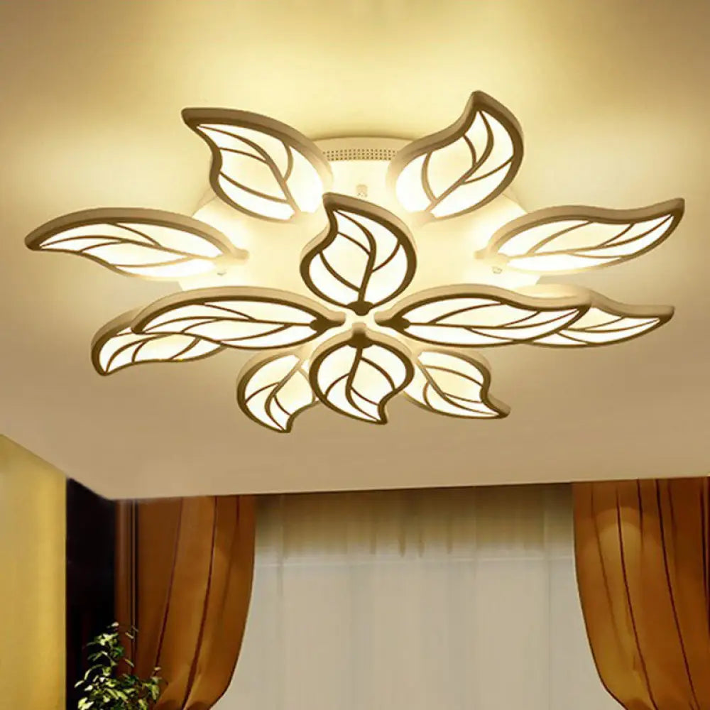 Leaf Led Semi Flush Mount Light In White Acrylic For Simple Living Room Ceiling 12 / Warm