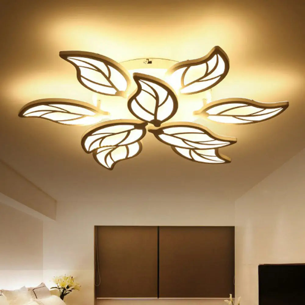 Leaf Led Semi Flush Mount Light In White Acrylic For Simple Living Room Ceiling 9 / Warm
