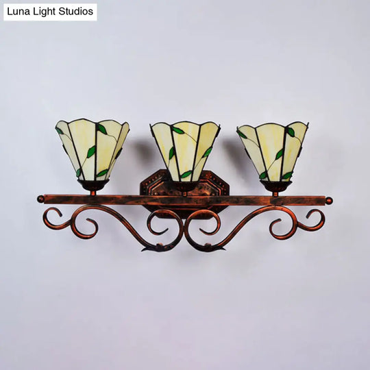 Leaf Pattern 3-Light Tiffany Wall Sconce For Corridor With Stained Glass