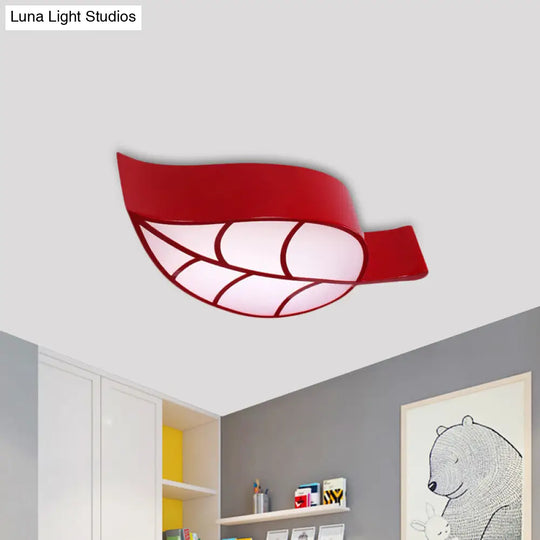 Leaf-Shaped Flush Mount Acrylic Led Ceiling Lamp For Kids Bedroom In Red/Yellow/Blue