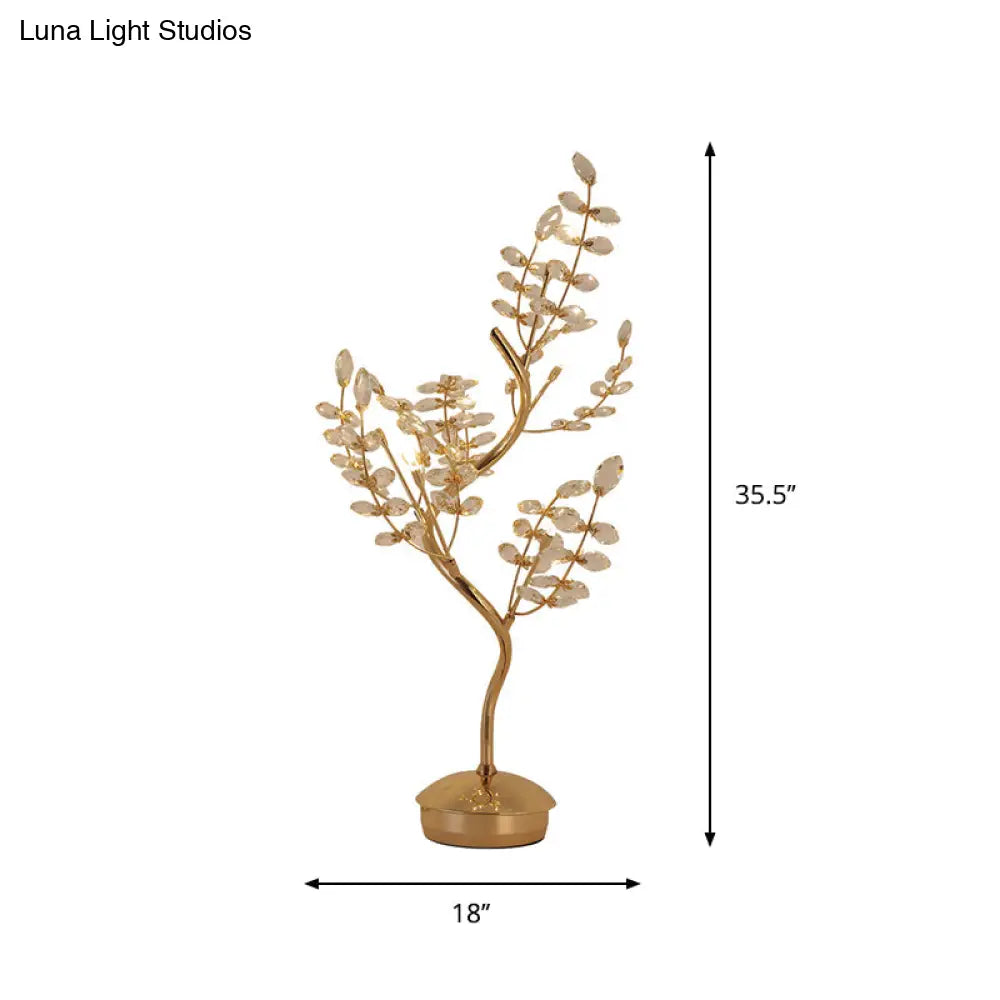 Leaf Sleeping Room Desk Light- Gold Tree Design- 6-Bulb Night Lamp With Cut Crystal- Contemporary