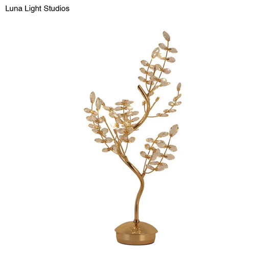 Leaf Sleeping Room Desk Light- Gold Tree Design- 6-Bulb Night Lamp With Cut Crystal- Contemporary