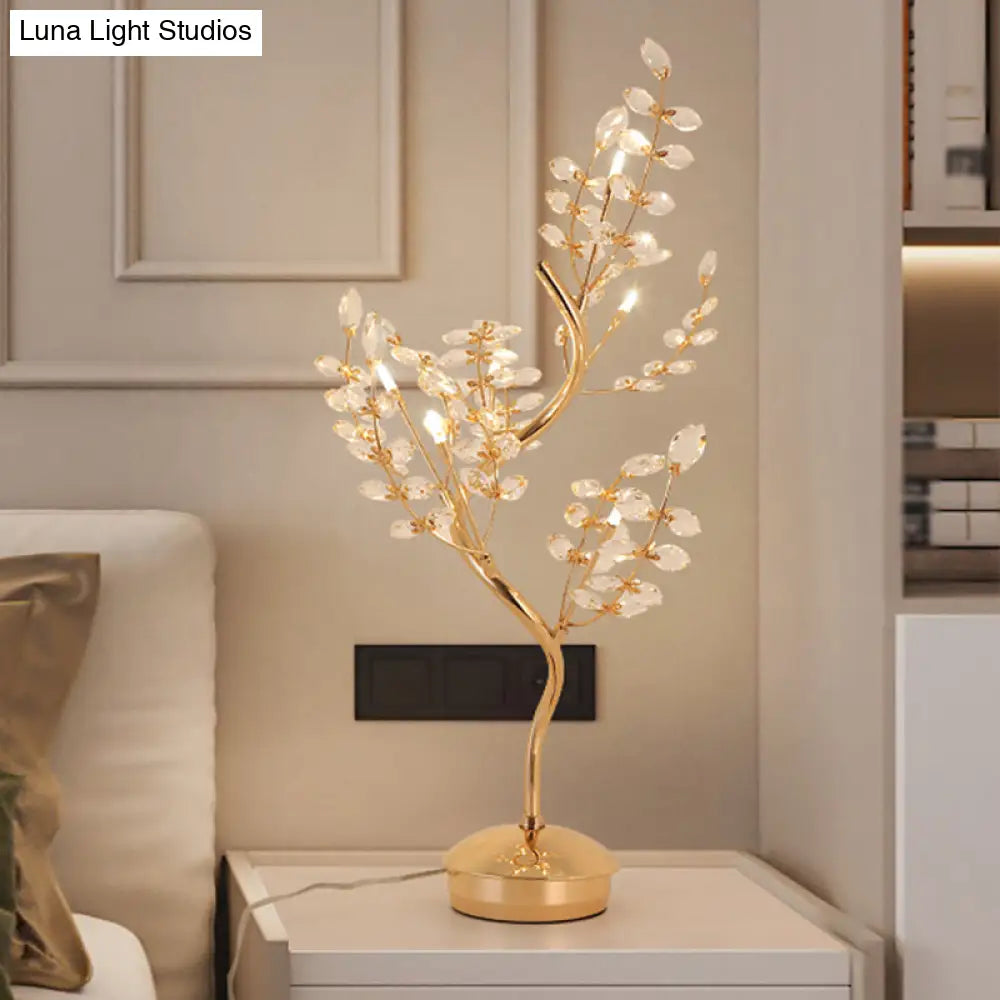 Leaf Sleeping Room Desk Light- Gold Tree Design- 6-Bulb Night Lamp With Cut Crystal- Contemporary