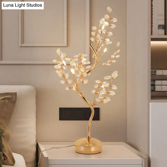 Leaf Sleeping Room Desk Light- Gold Tree Design- 6-Bulb Night Lamp With Cut Crystal- Contemporary