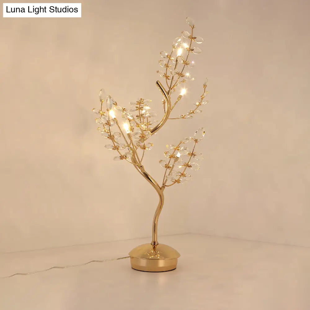 Leaf Sleeping Room Desk Light- Gold Tree Design- 6-Bulb Night Lamp With Cut Crystal- Contemporary