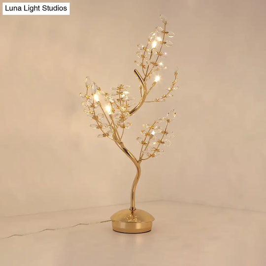 Leaf Sleeping Room Desk Light- Gold Tree Design- 6-Bulb Night Lamp With Cut Crystal- Contemporary