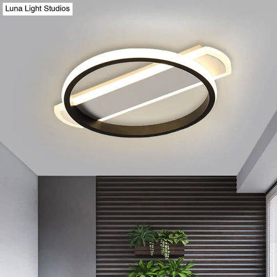 Led Acrylic Flush Ceiling Lamp - White/Black Ring Lighting With Arc Rectangle Canopy In Warm/White