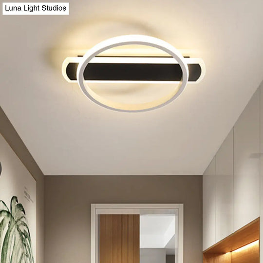 Led Acrylic Flush Ceiling Lamp - White/Black Ring Lighting With Arc Rectangle Canopy In Warm/White