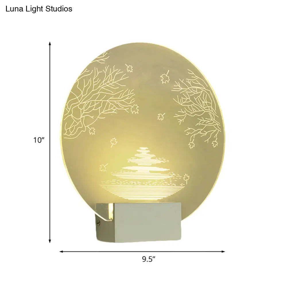 Led Acrylic Oriental Wall Lamp With Rounded Ripple And Tree Mural Design