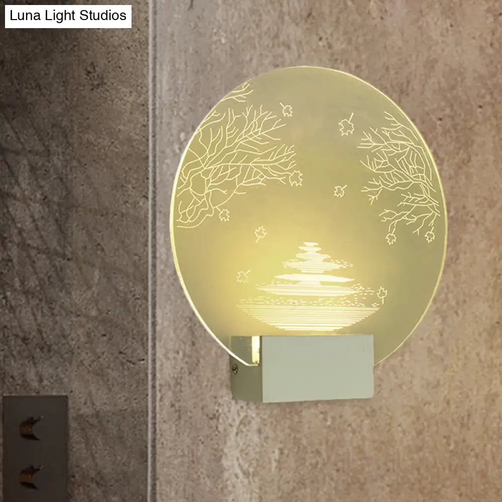 Led Acrylic Oriental Wall Lamp With Rounded Ripple And Tree Mural Design