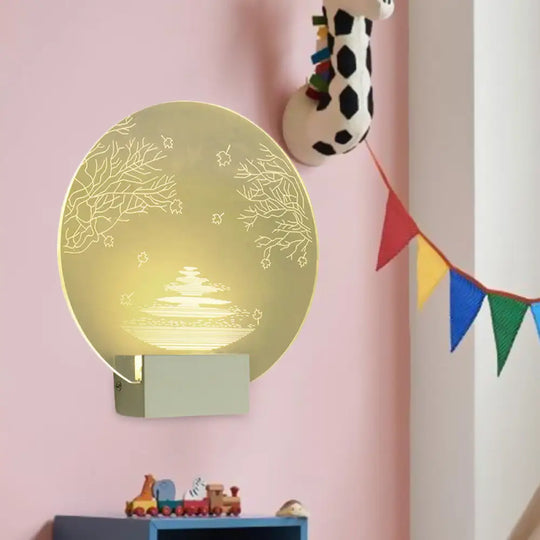 Led Acrylic Oriental Wall Lamp With Rounded Ripple And Tree Mural Design Clear