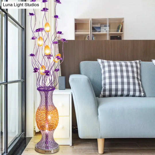 Led Aluminum Bloom Floor Lamp: Decorative Vine Shape With Purple Vase Pedestal - Reading Light