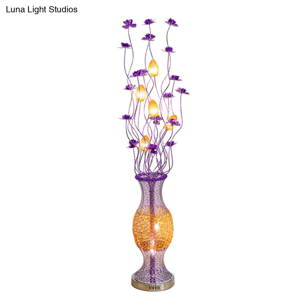 Led Aluminum Bloom Floor Lamp: Decorative Vine Shape With Purple Vase Pedestal - Reading Light