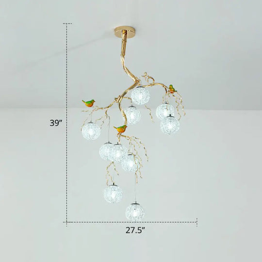 Led Ball Tree Chandelier: Artistic Gold Hanging Lamp With Bird Decor Aluminum Wire 10 / White