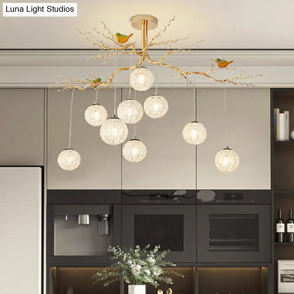 Led Ball Tree Chandelier: Artistic Gold Hanging Lamp With Bird Decor Aluminum Wire