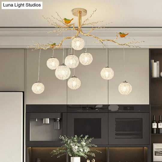 Led Ball Tree Chandelier: Artistic Gold Hanging Lamp With Bird Decor Aluminum Wire