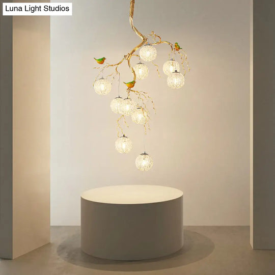 Led Ball Tree Chandelier: Artistic Gold Hanging Lamp With Bird Decor Aluminum Wire