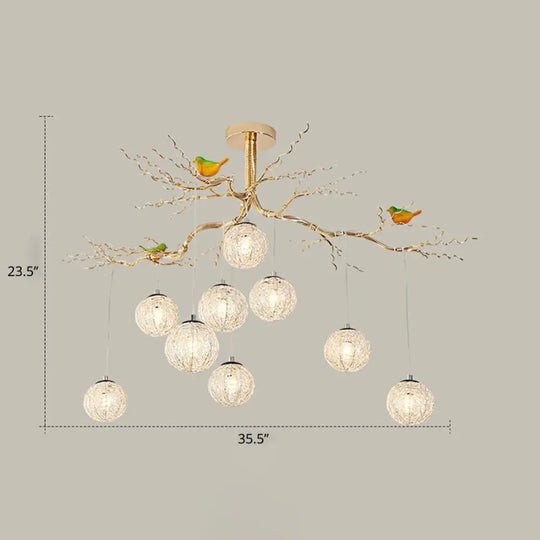Led Ball Tree Chandelier: Artistic Gold Hanging Lamp With Bird Decor Aluminum Wire 9 / Third Gear