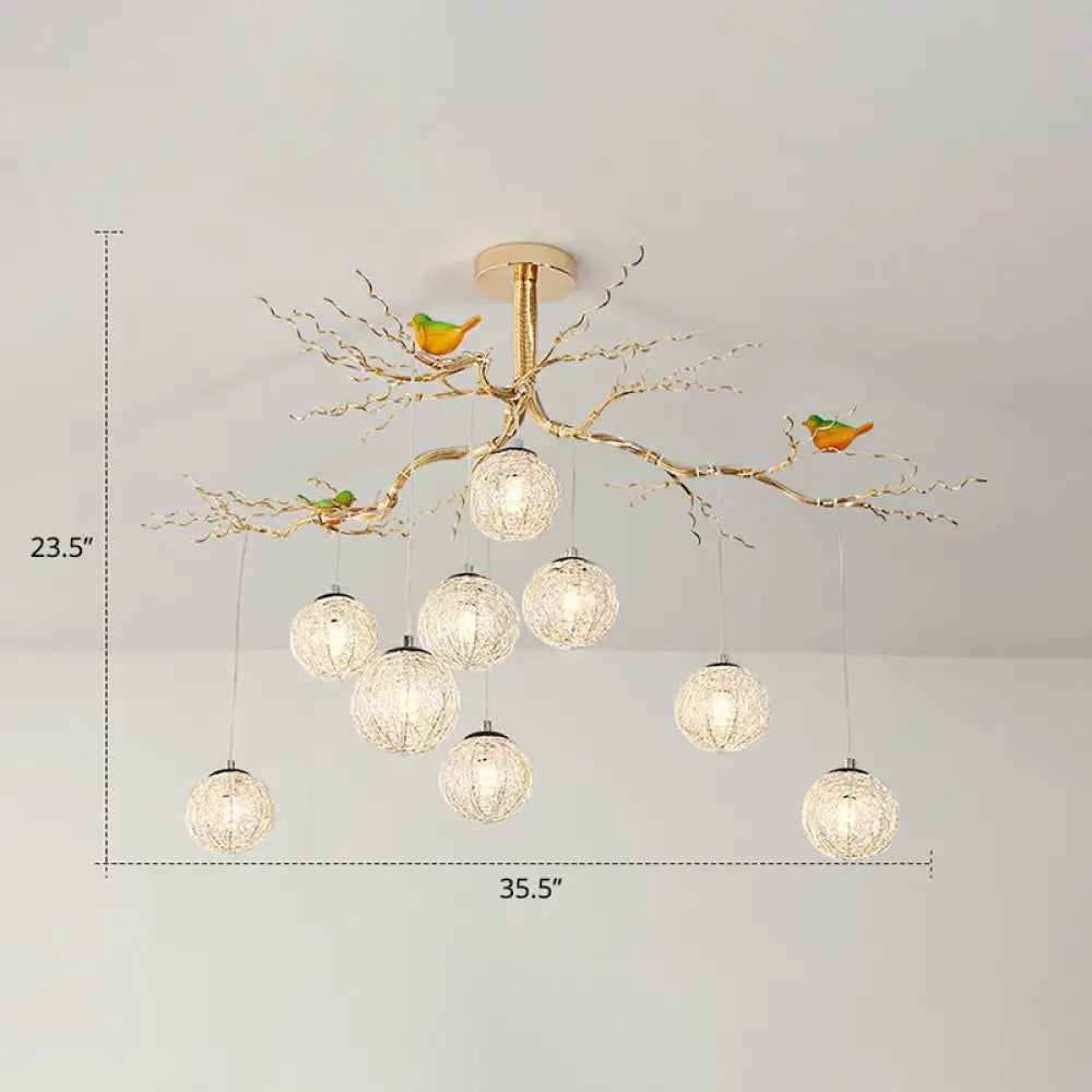 Led Ball Tree Chandelier: Artistic Gold Hanging Lamp With Bird Decor Aluminum Wire 9 / Warm
