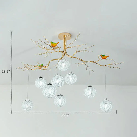 Led Ball Tree Chandelier: Artistic Gold Hanging Lamp With Bird Decor Aluminum Wire 9 / White