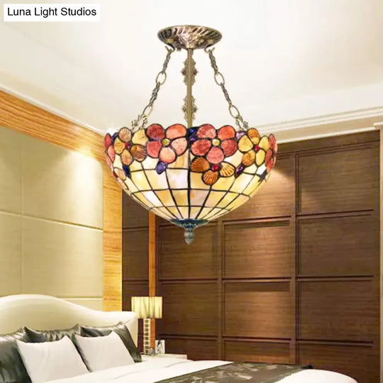 Led Bedroom Ceiling Light - Tiffany Style Floral Semi Flush In Aged Brass With Art Glass Shade