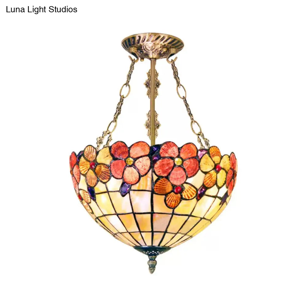 Led Bedroom Ceiling Light - Tiffany Style Floral Semi Flush In Aged Brass With Art Glass Shade