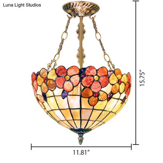 Led Bedroom Ceiling Light - Tiffany Style Floral Semi Flush In Aged Brass With Art Glass Shade