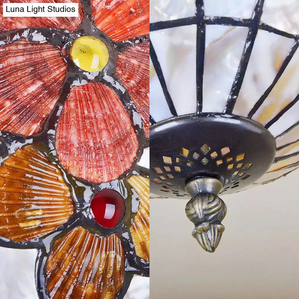 Led Bedroom Ceiling Light - Tiffany Style Floral Semi Flush In Aged Brass With Art Glass Shade