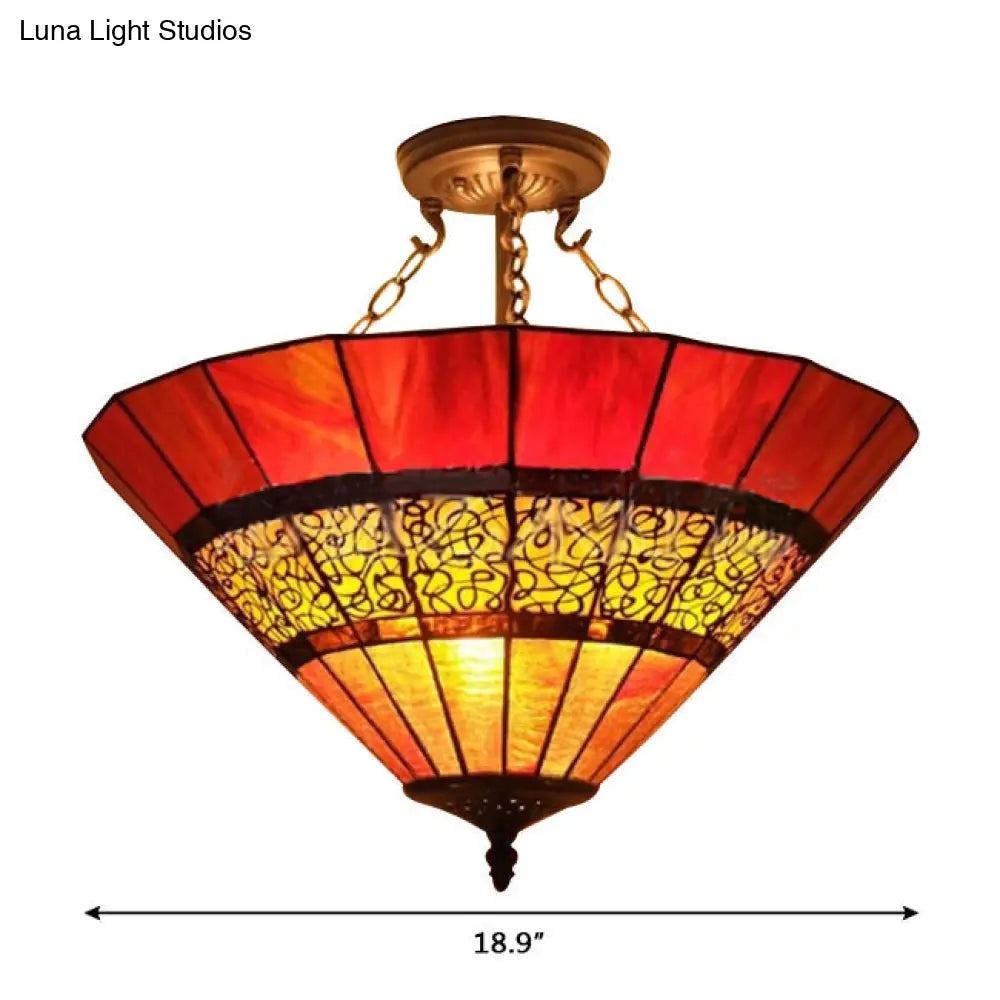 Led Bedroom Ceiling Lighting - Tiffany Style Stained Glass Shade 3 Lights Copper Semi Flush Light