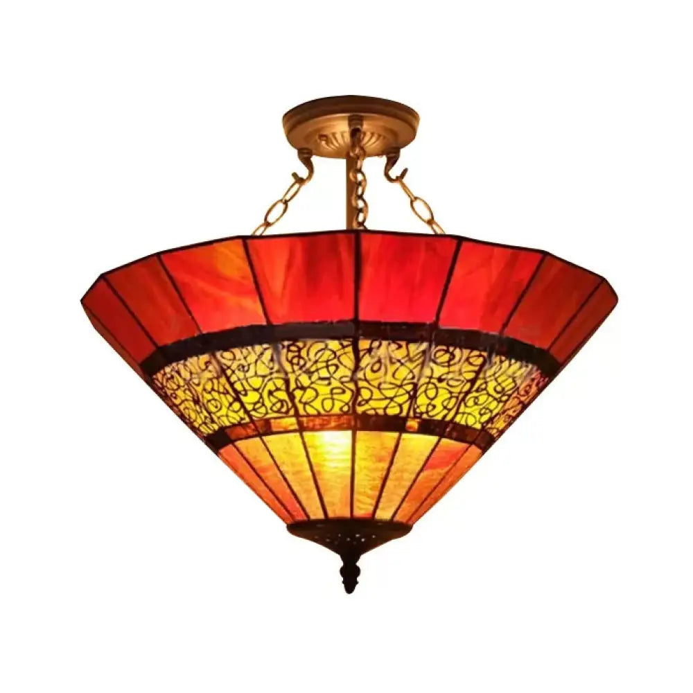 Led Bedroom Ceiling Lighting - Tiffany Style Stained Glass Shade 3 Lights Copper Semi Flush Light