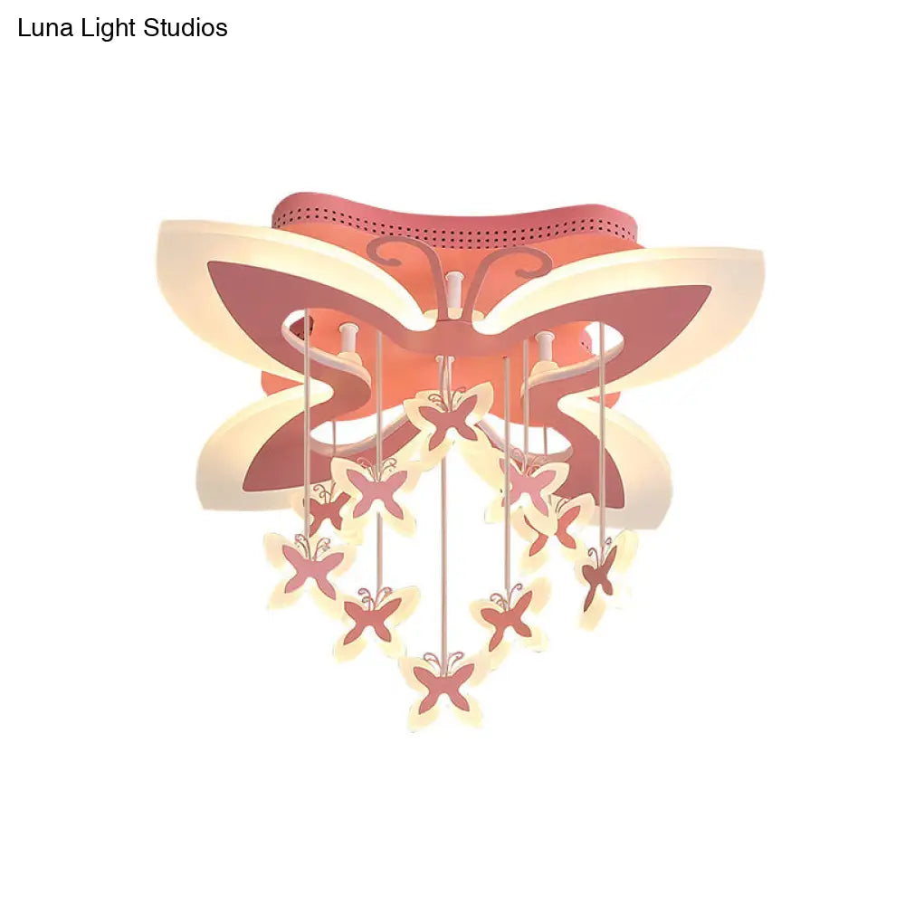 Led Bedroom Flush Light: Pink Ceiling Mounted Fixture With Butterfly Acrylic Shade In Warm/White