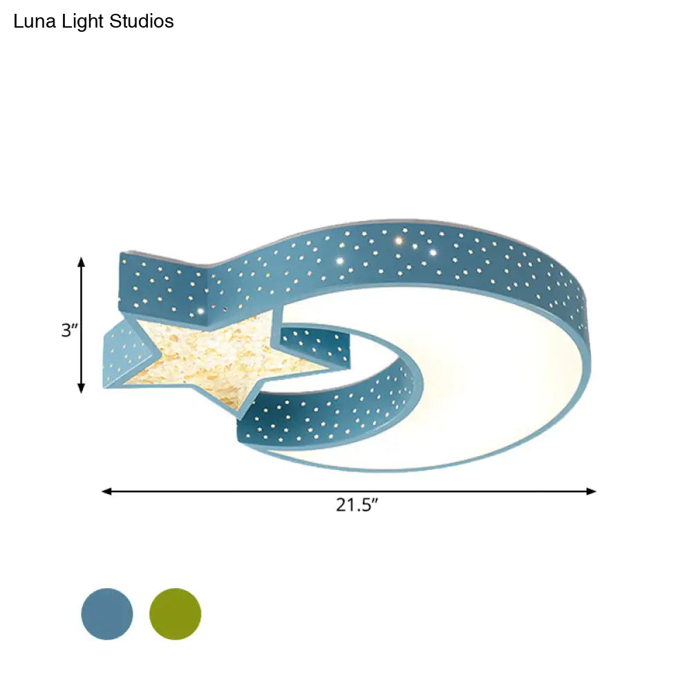 Led Blue/Green Moon And Star Ceiling Light For Kids Rooms With Acrylic Shade