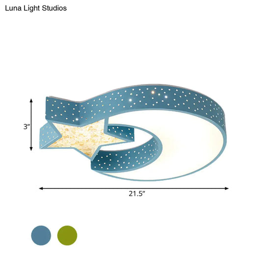 Led Blue/Green Moon And Star Ceiling Light For Kids Rooms With Acrylic Shade