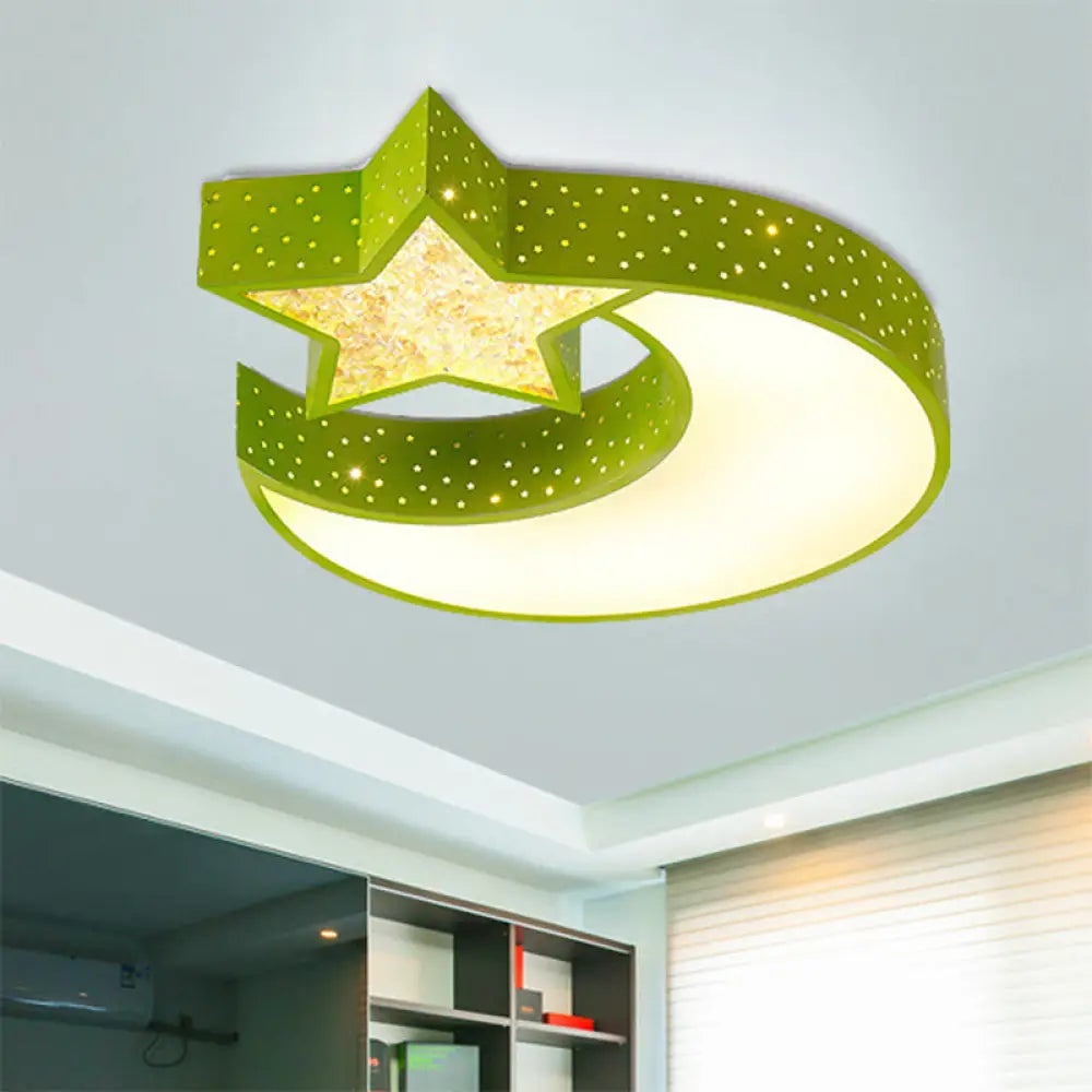 Led Blue/Green Moon And Star Ceiling Light For Kids Rooms With Acrylic Shade Green