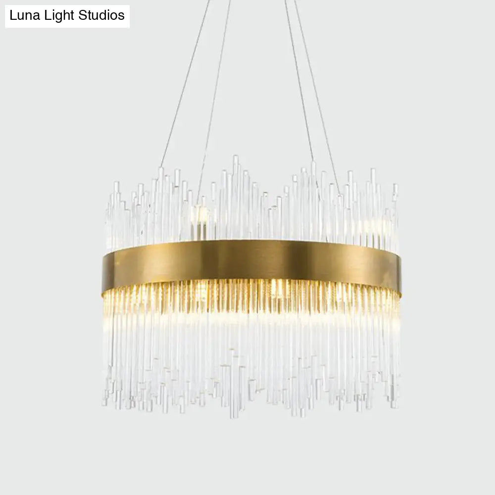 Led Brass Chandelier Light Fixture - Round Crystal Rod Suspension Waterfall Design 25.5’/31.5