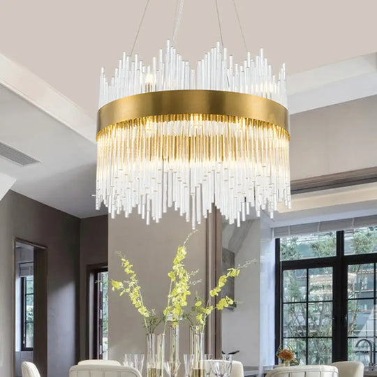 Led Brass Chandelier Light Fixture - Round Crystal Rod Suspension Waterfall Design 25.5’/31.5 /