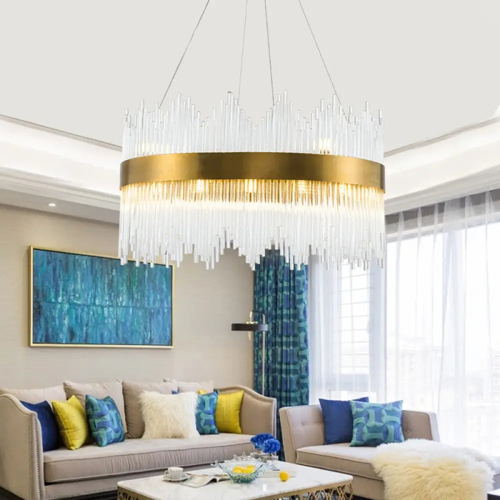 Led Brass Chandelier Light Fixture - Round Crystal Rod Suspension Waterfall Design 25.5’/31.5 /