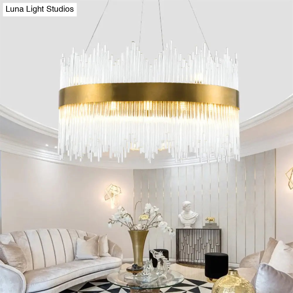 Led Brass Chandelier Light Fixture - Round Crystal Rod Suspension Waterfall Design 25.5’/31.5