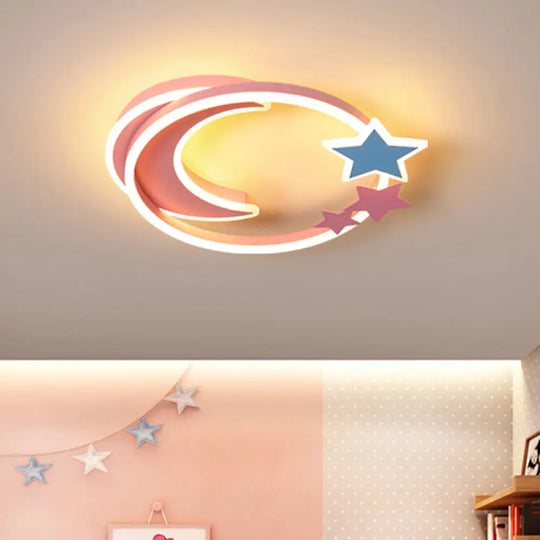 Led Cartoon Crescent And Star Flushmount Ceiling Light For Bedrooms - Aluminum Fixture Pink / 18.5