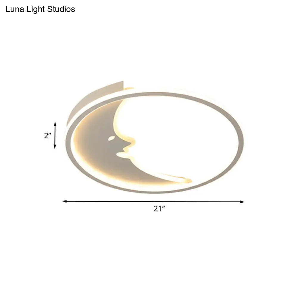 Led Cartoon White Ceiling Lamp With Moon Acrylic Shade - Warm/White Light Bedroom Flush Mount