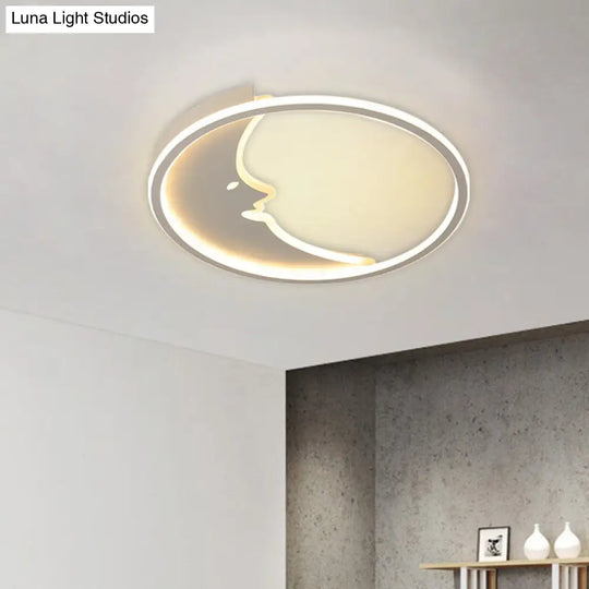 Led Cartoon White Ceiling Lamp With Moon Acrylic Shade - Warm/White Light Bedroom Flush Mount / Warm