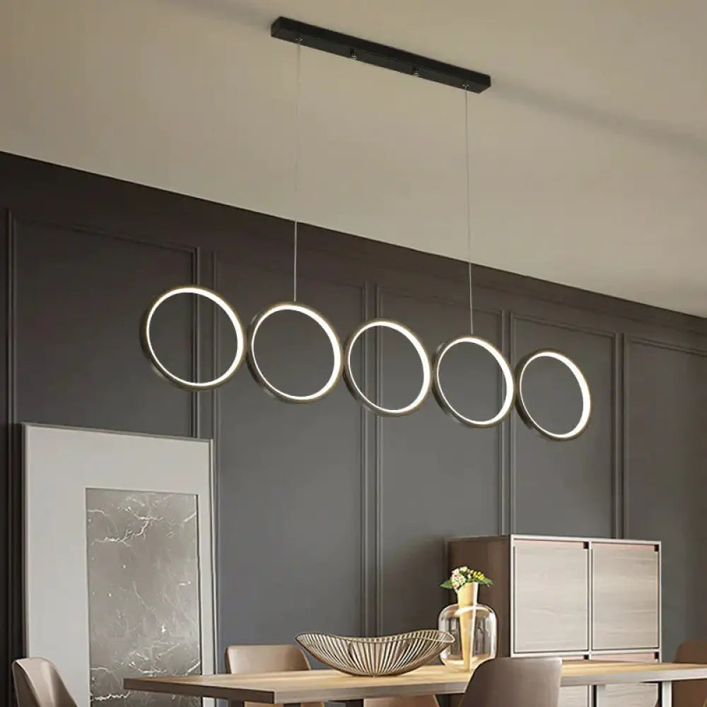 Led Ceiling 5-Ring Black Hanging Island Light Metal Pendant Over Table Warm/White / White