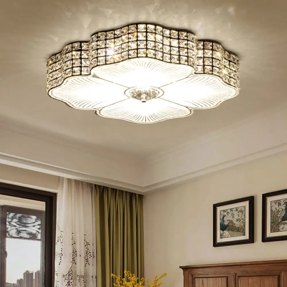 Led Ceiling Flush Light: Contemporary Crystal - Encrusted Shade With Black Flower Design