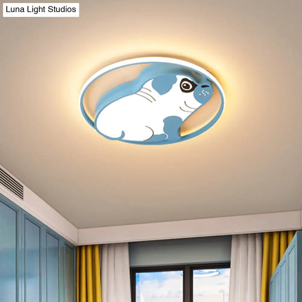 Led Ceiling Flush Mount Pink/Blue Dog Shaped Light Fixture With Acrylic Shade In Warm/White -
