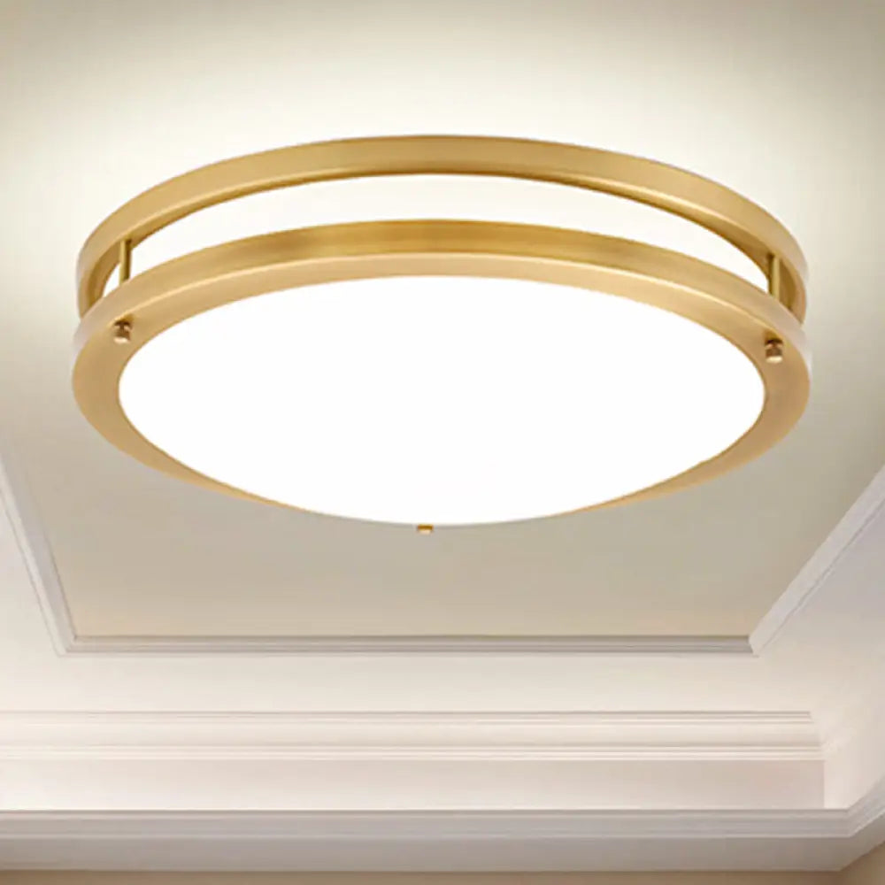 Led Ceiling Mount Drum Flush Light Fixture For Corridor - Black/Brass Finish With Warm/White