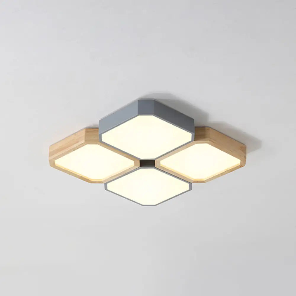 Led Checkered Ceiling Light: Nordic Grey Metal And Wood Fixture For Living Room 4 / Warm