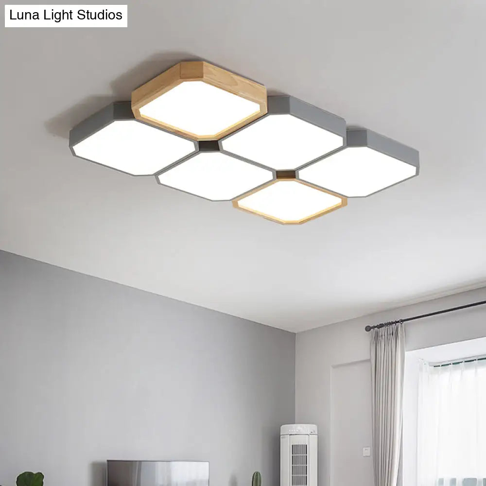 Led Checkered Ceiling Light: Nordic Grey Metal And Wood Fixture For Living Room